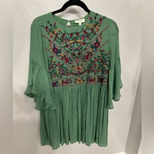 Umgee Green Embroidered Baby Doll Dress with Bell Sleeves - Size S